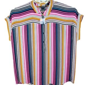 Investments Colorful Vertical Stripe Button Down Blouse Bold Chic Size XL